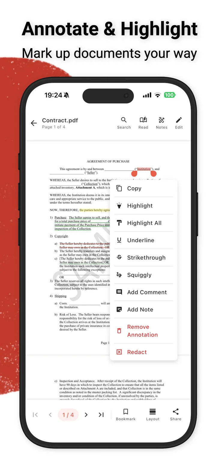 iPhone Contract.pdf selection menu: Highlight, Underline, Add Note, Redact